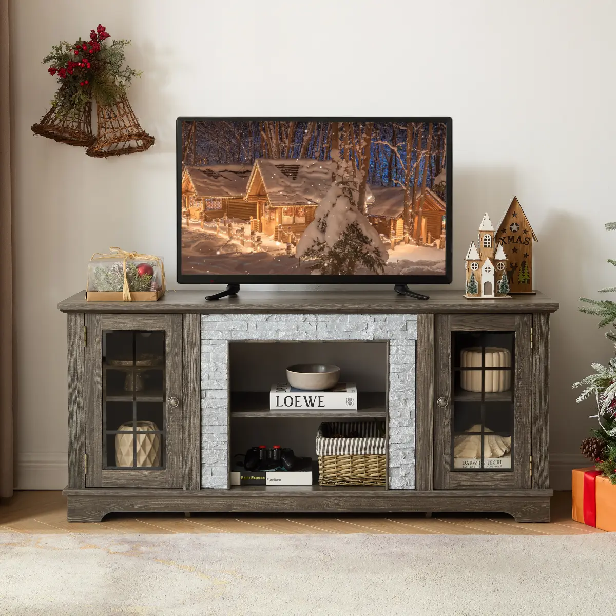 58" Freestanding Classic Faux Stacked Stone Surround TV Stand - Fully Assembled Grey Media Console Cabinet, 90.20 lbs Metal Frame, 2-Door Storage, Cable Management Cutouts, Adjustable Shelves, No Polybrominated Biphenyls for Large Living Room
