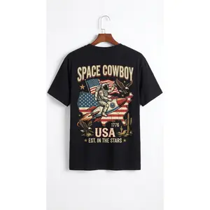Vintage Space Cowboy Short-Sleeve Cotton T-Shirt - Americana Casual Vintage Sports Top, Round Neck Streetwear with Astronaut Rocket, American Flag, Bald Eagle Graphics, USA 1776 Patriotic Western Space Adventure Apparel, Shortsleeve, Tshirt