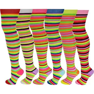Women's Top Sexy Striped Stretchy Soft Spandex Thigh-High Socks - Neon Rainbow Design, Lady-Fit, Playful Socks for Daily Wear (6 Pairs)