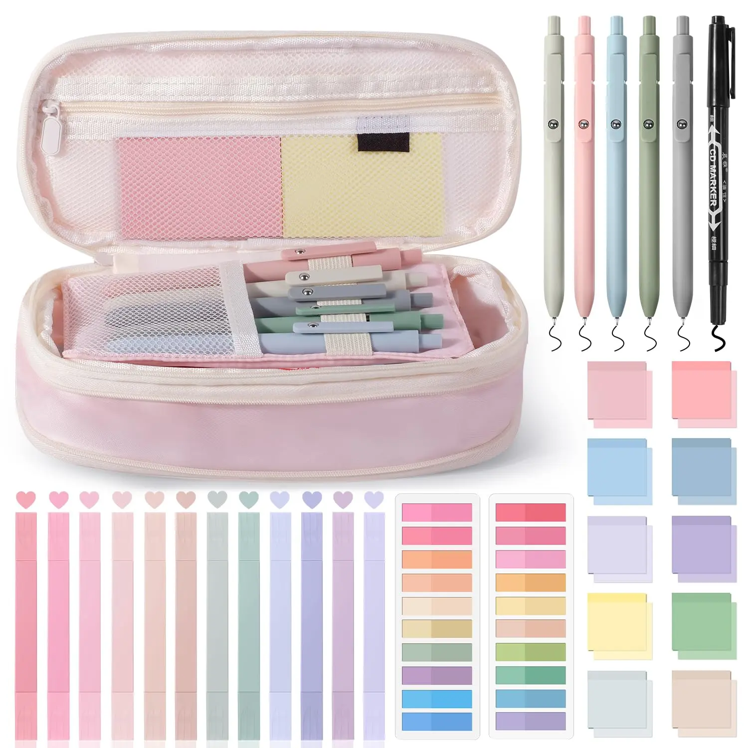 49pcs Book Annotation Kit - Aesthetic Pencil Case Bag With Highlighters Gel Pens And Marker  900 Sheets Transparent Index Tabs Sticky Notes Study Supplies (pink)