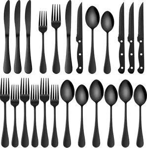 24-Piece Black Silverware Set with Steak Knives,  Flatware Set Service for 4, Mirror Finished Tableware for Home Restaurant, Include Knives, Forks, Spoons