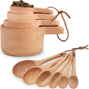 10 Piece Measuring Cups and Measuring Set, Handcrafted Wood Measuring Cups with Tablespoon Teaspoon Measuring for Dry Ingredients, Natural Wooden Measuring Set for Cooking Baking