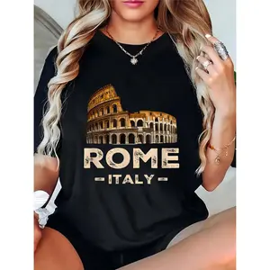 Women's Black Rome Italy Colosseum Graphic T-Shirt, Casual Travel Vacation Streetwear for Women 100% Cotton T-shirt