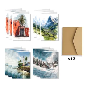 12 pieces 4.9*3.9 inch European-style small town watercolor greeting cards with envelopes, vintage castle and landscape scenery cards, suitable for Christmas, New Year, birthdays, thank you and other occasions, a must-have for stationery enthusiasts