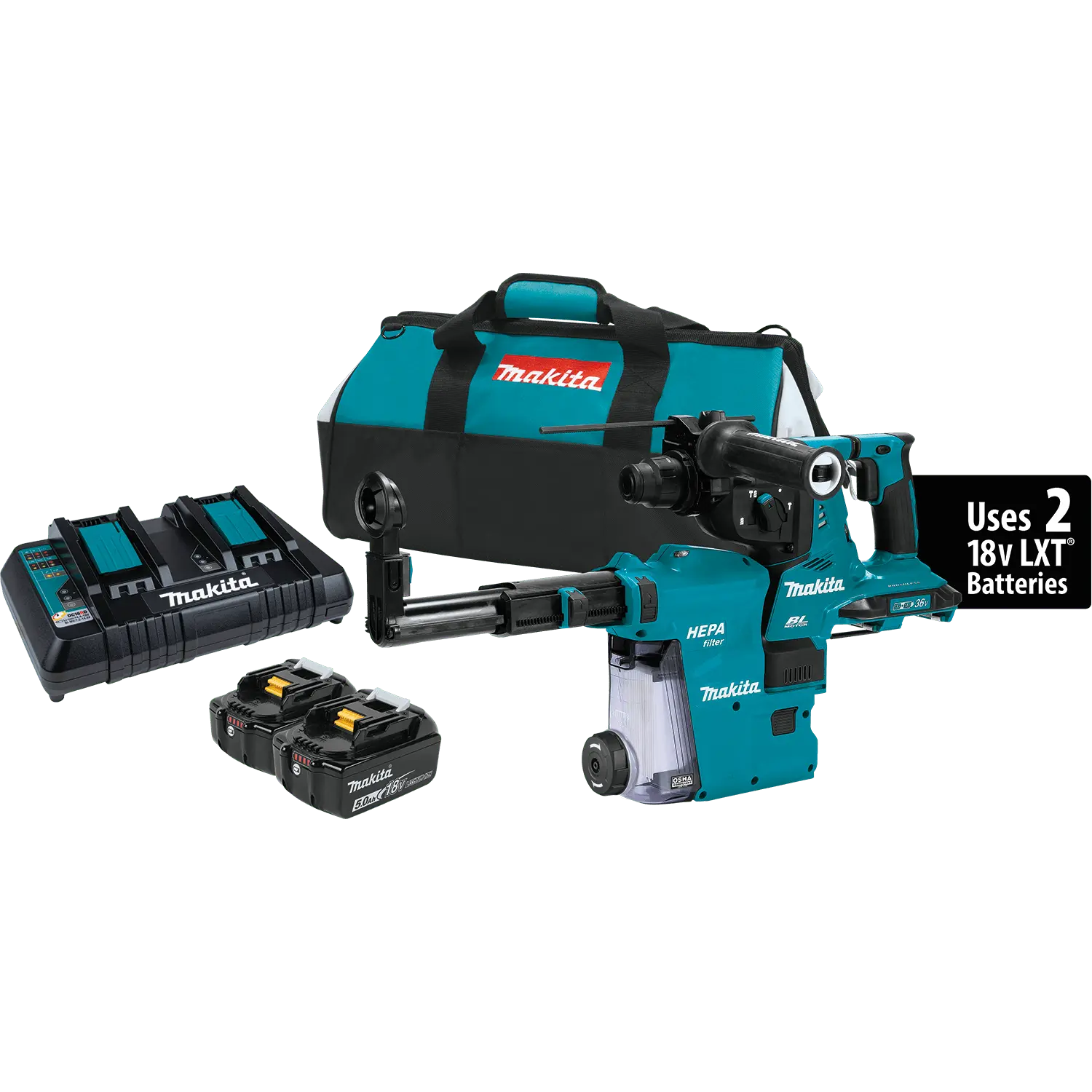 Makita XRH10PTW LXT Brushless 1-1/8" SDS-PLUS Rotary Hammer Tool Kit with HEPA Dust Extractor, 5.0Ah Lithium-Ion Batteries, Anti-Vibration AVT Steadier, Construction Tools for Drilling