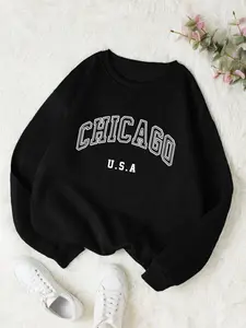 Women's Chicago Usa Letter Print Pullover Hoodie, Fall & Winter Loose-Fit Round Neck Sweatshirt, Holiday Street Style Fleece Lined Top