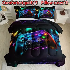 3-Piece Vibrant Gaming Controller quilt Set, Thickened Version (1 quilt + 2 Pillowcases without Filling), Quilted Soft and Breathable Digital Print for Bedroom, Dormitory, Home Use