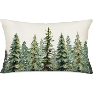 1pc, Festive Christmas Tree Throw Pillow Covers - Watercolor Green Christmas Tree Decorative White Throw Pillow Cover - Winter Family Decor for Home Couch Cushion Case, Single-sided printing, No pillow core