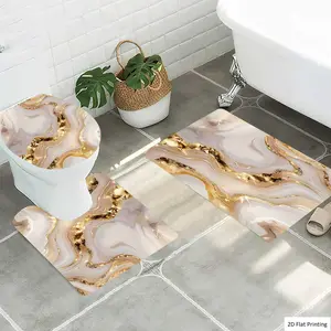 1/3Pcs Modern Abstract Art with Gold and White Patterns Bathroom Mat Set, Flannel Non Slip Bath Rug, Toilet U-Shape Mat, Toilet Lid Cover, Thickened Soft Absorb Water, Microfiber Surface Memory Foam Cushion, Ho, Bathroom Floor Mat