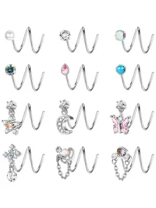 12 Pcs Silvery Nose Hoops Set for Women Men Trendy Dangle Nose Rings with Exquisite Snake Flower Moon Spiral Double Hoop Styles High-quality Stainless Steel Copper Piercing Jewelry Sturdy Structure Bright Sparkling CZ Glamorous Shimmer