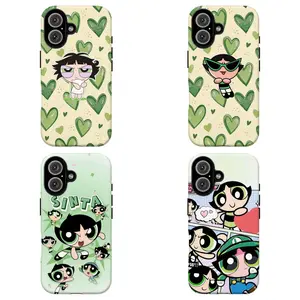 FL-Retro Y2K Pow3rpuff Girls Buttercup Cartoon Phone Case,Green & Cream Heart Print Protective Cover For iPhone 11 12 13 14 15 16 17 Air Pro Max for Samsung S26 S25 S24 S23 S22 S21 Case,Gift for her/him