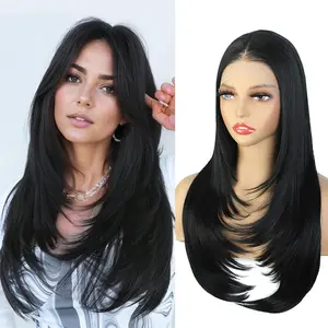 Black Glueless Wigs Pre Plucked for Women 13×4 HD Synthetic Lace Front Wig for Beginner 26inch Long Layered Black Wig for Daily Party Wear