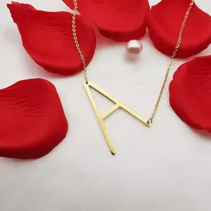 Sideways Initial A Necklace 18K Gold Plated Stainless Steel Large Letter Necklace Big Initial Pendant Monogram Name Necklace for Women Valentine's Gift