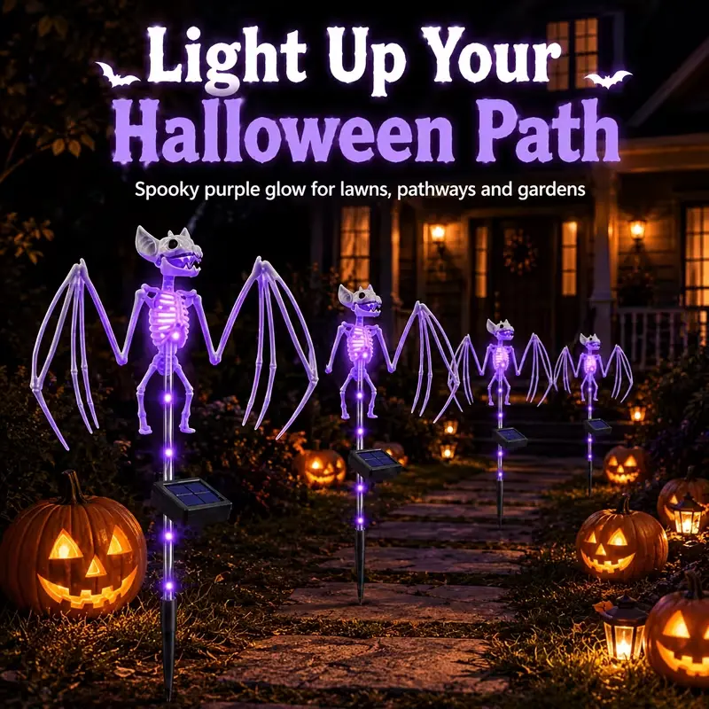 Outdoor Solar Garden Halloween Lights - 4pcs 3D Scary Skeleton Bats, IP65 Waterproof Solar LED Path Lights, Purple Eerie Decor for Yd/Graveyard, Halloween Party Gift