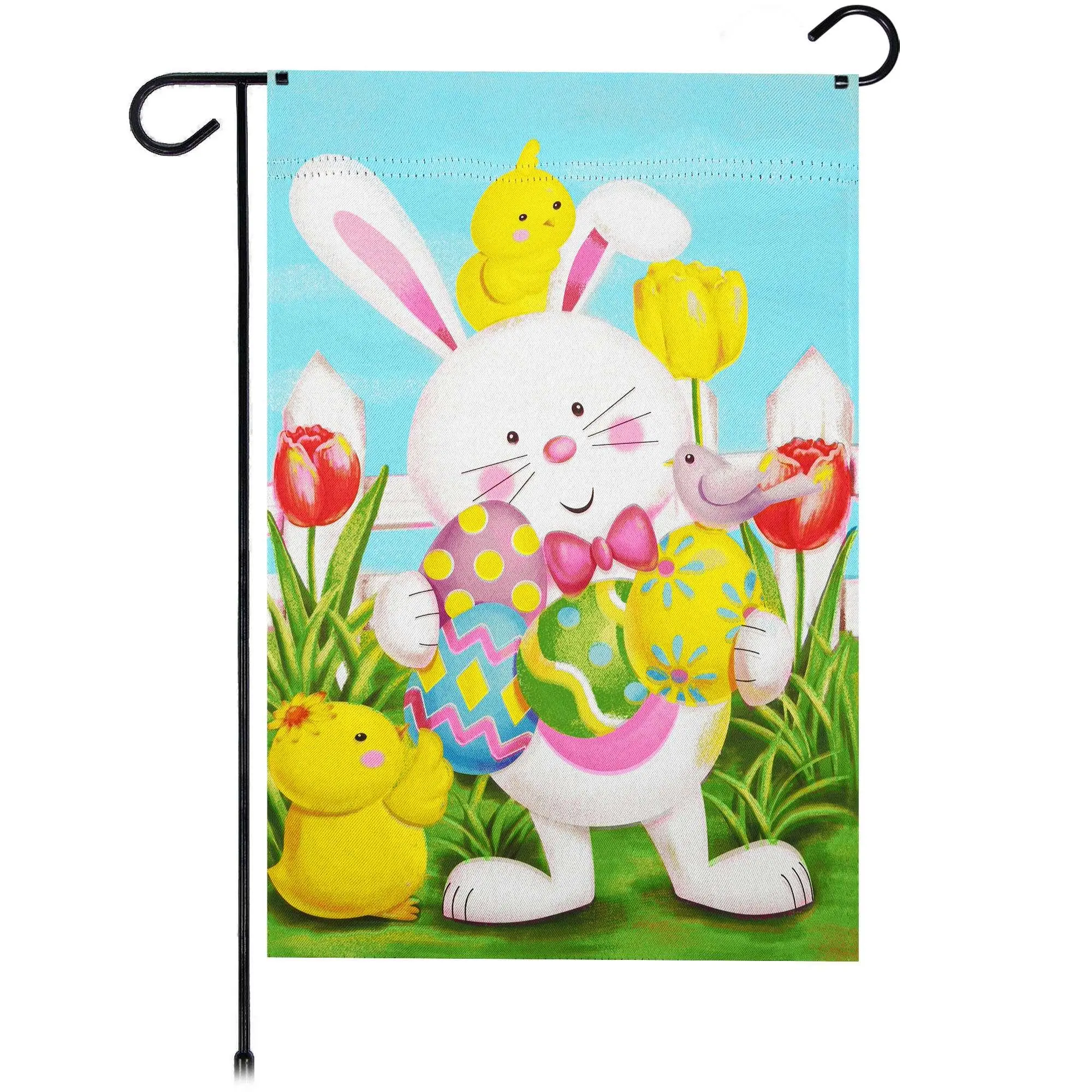 G128 Happy Easter White Bunny with Easter Eggs Garden Flag 12x18 In Double Sided Easter Yard Garden Lawn Decoration