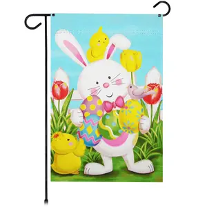 G128 Happy Easter White Bunny with Easter Eggs Garden Flag 12x18 In Double Sided Easter Yard Garden Lawn Decoration