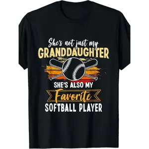 Men's Fitted Casual Cotton Round Neck Shortsleeve Graphic Tee - Geometric Softball Print "She's Not Just My Granddaughter, She's Also My Favorite Softball Player", Machine Washable Black Streetwear Top for Casual Outings