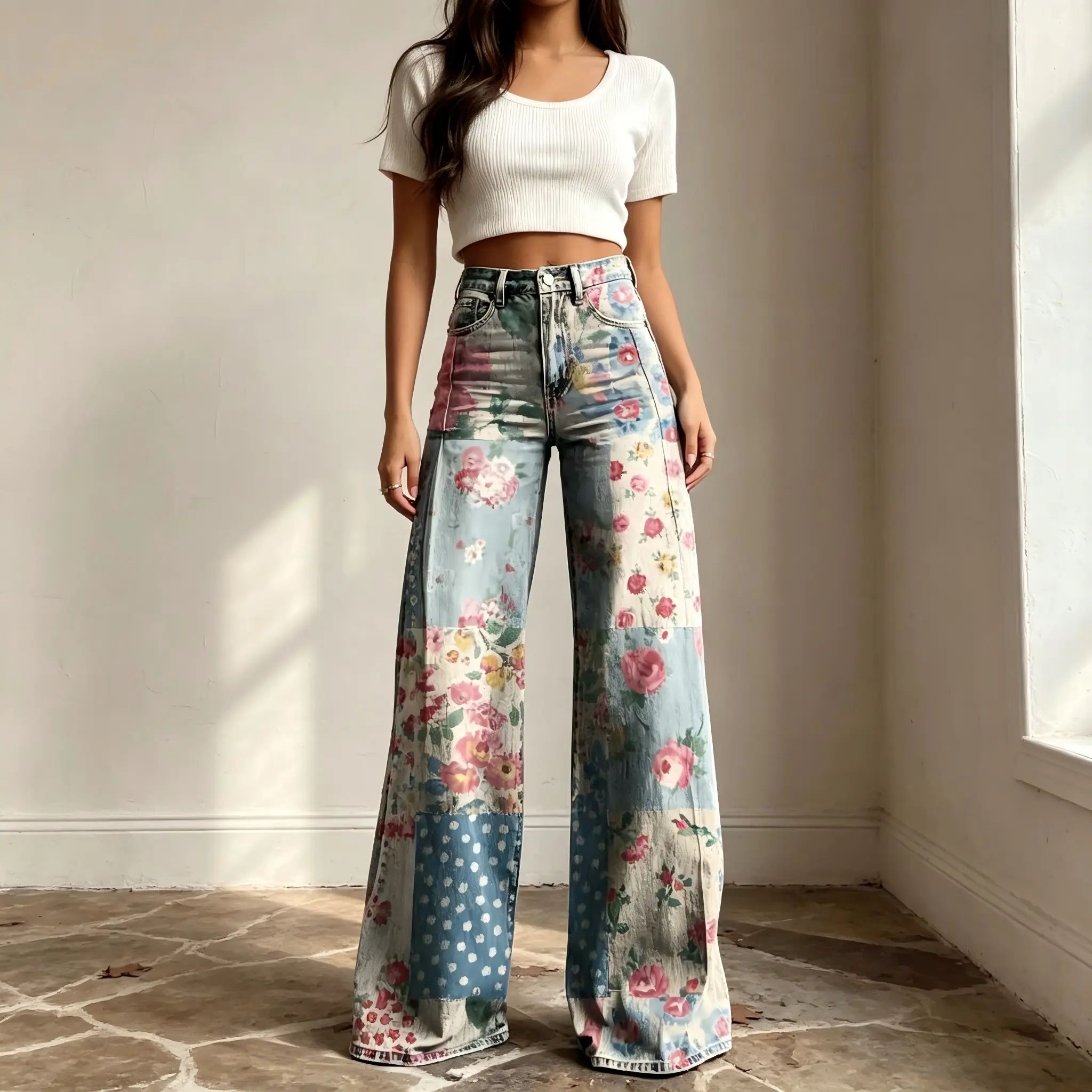 Women Vintage Floral Patchwork Print High Waist Wide Leg Jeans Retro Boho Distressed Denim Flare Trousers