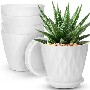 6 inch Plant Pots, 5 Pack Flower Pots Outdoor Indoor, Planters with Drainage Hole and Tray Saucer(White