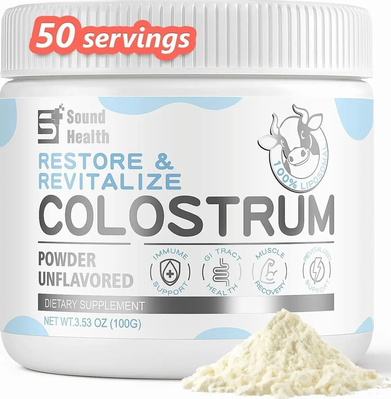 Colostrum Supplement Powder for Humans - Organic Bovine Colostrum Supplement for Gut Health, Hair Growth, Beauty, and Immune Support - Unflavored (50 Servings)