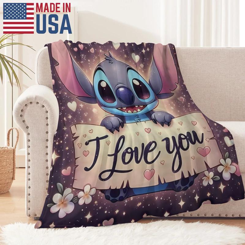 Disney Stitch Blanket Featuring Stitch & Angel Design in Four Sizes Soft Cozy Bedding for Fans with Floral Accents