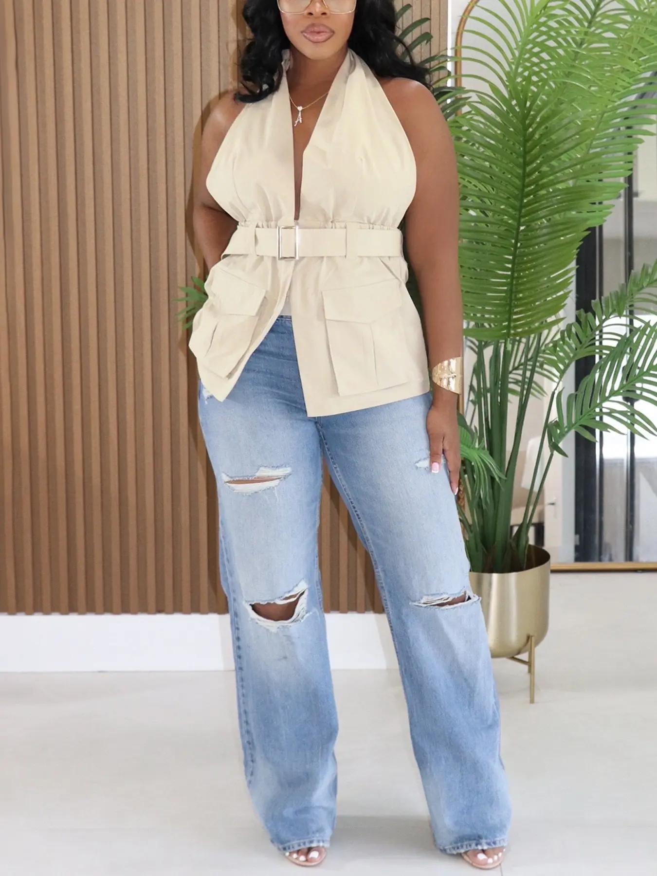 H848 Cross-Border European and American Women's Fashionable Chic Commuter Halter Waistcoat Vest with Pockets, Stylish Workwear Top for Daily Wear