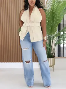 H848 Cross-Border European and American Women's Fashionable Commuter Halter Waistcoat Vest with Pockets, Stylish Workwear Top for Daily Wear