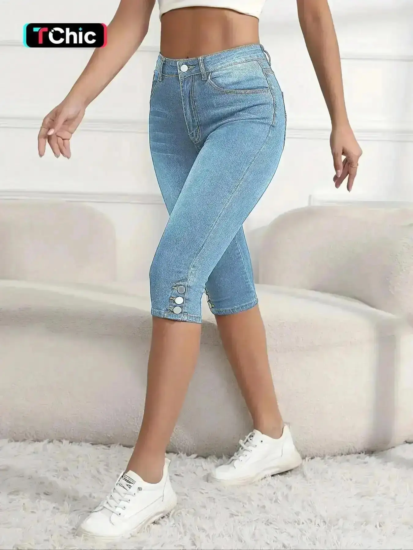 Women's Plain High Waisted Denim Capri Pants Button Fly Pocket Skinny Jeans Casual Comfy for Summer Daily Wear, Joggers Fit, Everyday, Classy, Warm Weather, Breezy Comfort, Wardrobe Essential, Fashion
