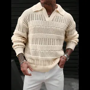 NewMen's Fall Winter Casual Loose-Fit Knitted Sweater, Vintage Hollow Out Design, Geometric Pattern, Thick Fabric, Ideal for Daily Wear, Long Sleeve Menswear