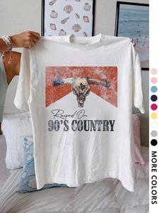 women's bull head print round neck tee, vintage trendy casual short sleeve graphic t-shirt for daily wear, ladies summer outfit, top