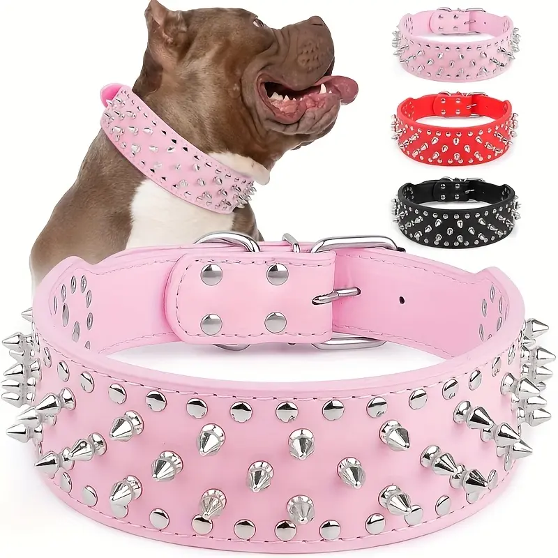 Wide Golden Spiked Dog Collar, Epesiri Dog Chain Collars, Mushroom Rivet Faux Leather Dog Collars, Adjustable Durable Spike Studded Pet Collar for Pitbull Mastiff Bulldog Pugs Husky Rottweiler