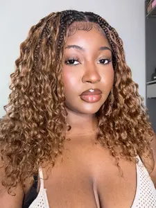 Ombre Brown 16" Human Hair Curls Boho Box Braided Wig Glueless Swiss HD Full Lace Soft Braids