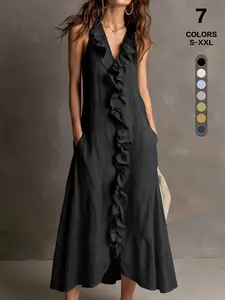 Sexy Halter Neck Dress, Deep V Neck Ruffle Design, Sleeveless Split Long A-Line Dress, Breathable Fabric, Side Pockets, Casual Lazy Sexy Style