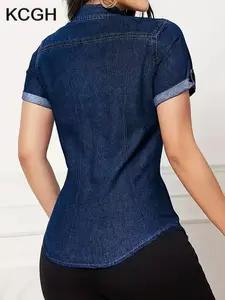 KCGH SS26 Spring Summer Plus Size Classic Blue Denim Shirt, Short Sleeve Stretch Top with Chest Pocket, Casual Work Office Wear for Curvy Women
