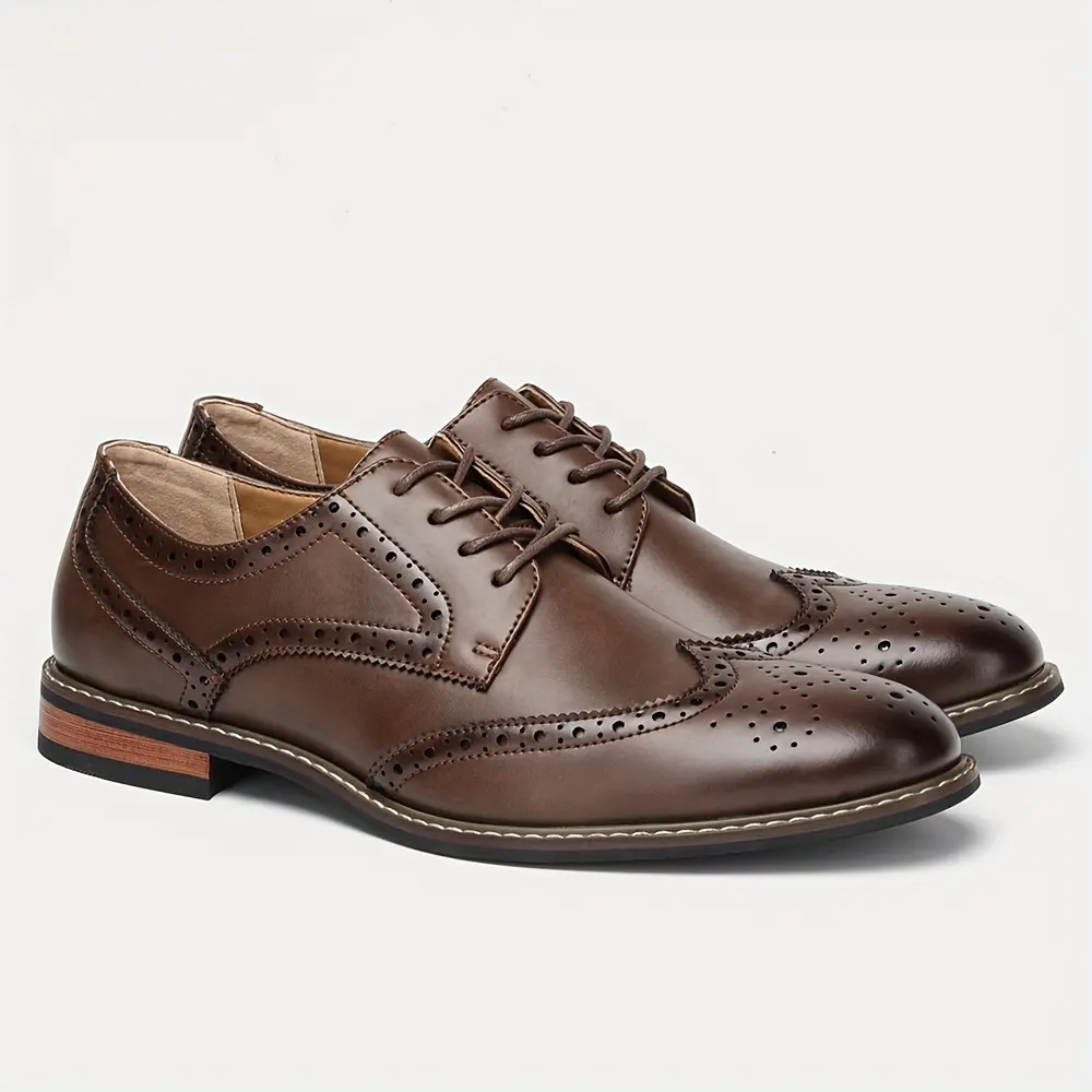 Men's Brown Leather Pointed Wingtip Brogue Oxford Shoes - Formal Lace-Up Dress Shoes with Eyelet Details, Classic Business-Wedding Office Footwear for Laces Men's Oxfords Enthusiasts, Closed