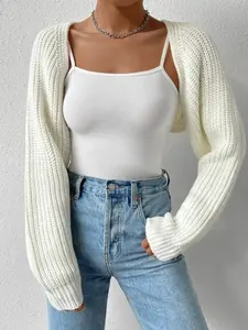 Women's Long Sleeve Open Front Crop Cardigan Sweater Drop Shoulder Knit Bolero Shrug