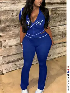 Lw Home Women's Casual Home Set, Polka Dot Print Girl Letter Long Pants, Zipper Short Sleeve Top, Perfect for All Seasons