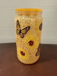 16oz UVDTF Designed Plastic Snowglobe Soda Can Glasses_Colored Lid & Straw