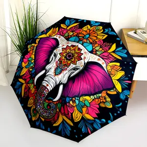 1 PC Automatic Folding Umbrella - Colorful Elephant Mandala Art Pattern, Portable & Foldable Design with 8 Ribs, Merry Christmas Pattern,Casual Outdoor Accessory Halloween and Christmas Birthday Gifts. G00176
