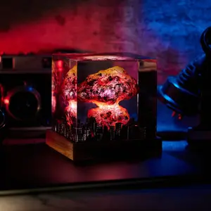 Atomic Blast Miniature Diorama | Handmade Epoxy Resin Figurine Ornament | City Skyline Desktop Decor Gift with Wooden Stand Base