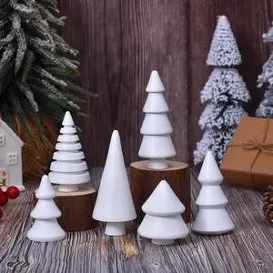 Wooden Christmas Tree Figurines, 6 count Mini  Xmas Trees in Assorted Sizes, Rustic Winter Holiday Table Decorations for , Farmhouse Christmas Centerpiece for Tabletop (White)