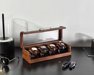 Mens Watch Box with Acrylic Top, Personalized Luxury Watch Display Stand Set of 4, Unique Watch Storage Case, Wood Anniversary Gift for Him