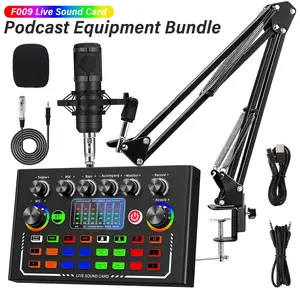 Professional Podcast Equipment Kit, Condenser Mic Set, USB Rechargeable BM-800 Microphone Set Mixer with Sound Converter/Mixer Control, Live Broadcasting Equipment