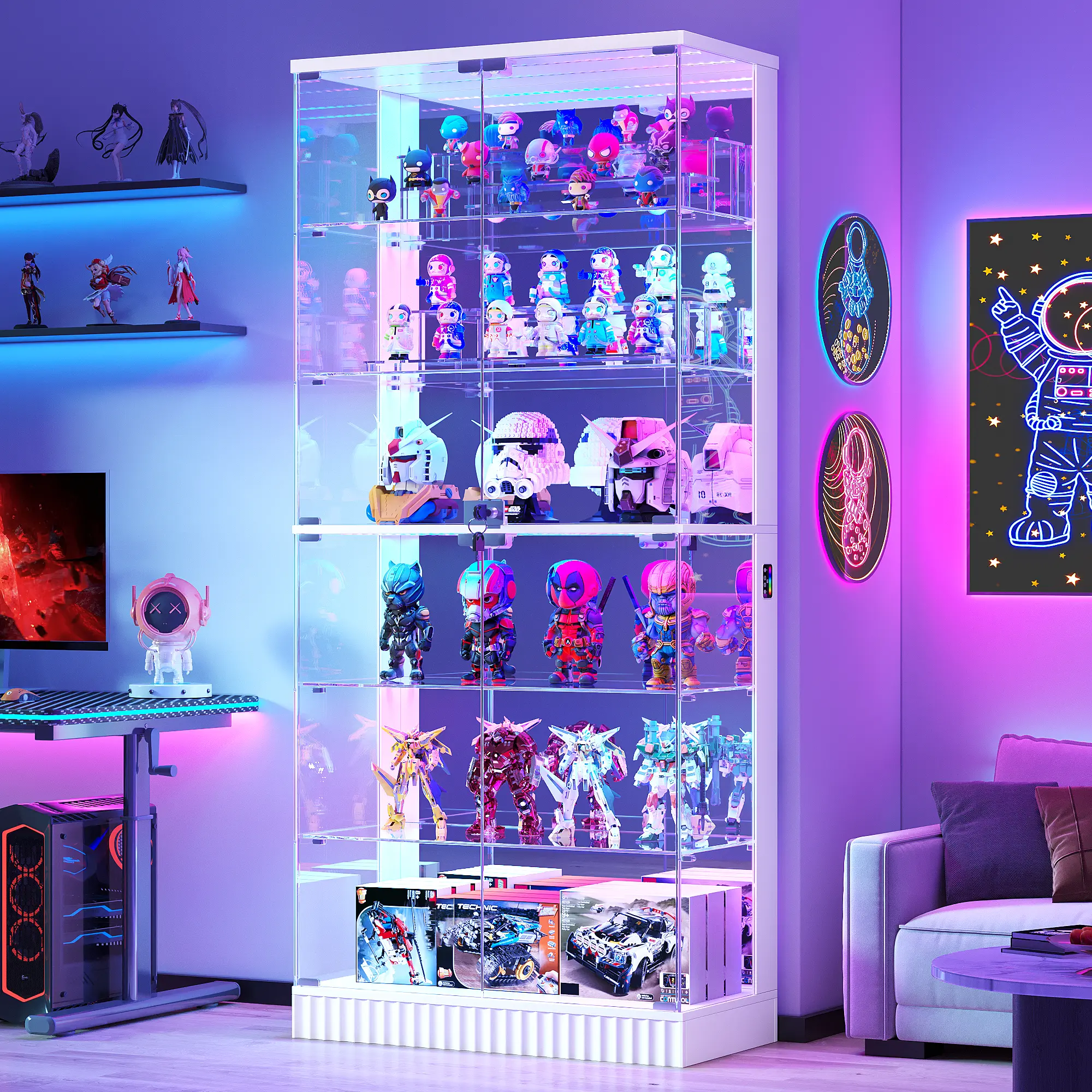 Lvifur 71" Tall Glass Display Cabinet with RGB Lights for Living Room, 6-Tier Lighted Curio Cabinet with Glass Door,Display Shelves,App Control and Motion Sensor for Collectibles/Books