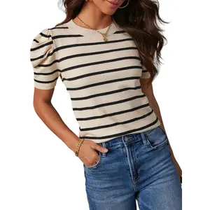 Dokotoo Women's Short Puff Sleeve Knit Tops 2026 Trendy Crewneck Striped T Shirts Casual Summer Blouses