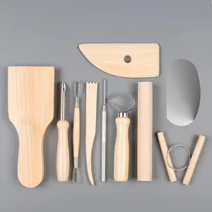 10 piece set of clay tools, wooden handle, stainless steel double headed soft clay tools, air dry clay tools, shaping knives, cutting lines, rolling pins, handmade ceramic materials, beginner's set for adults