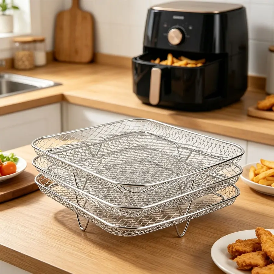 Three-piece stainless steel multi-functional stackable rack set, including a dehydrating rack, baking rack, and fruit and vegetable baking basket, designed specifically for use with air fryers. It offers various practical functions and is suitable for hom