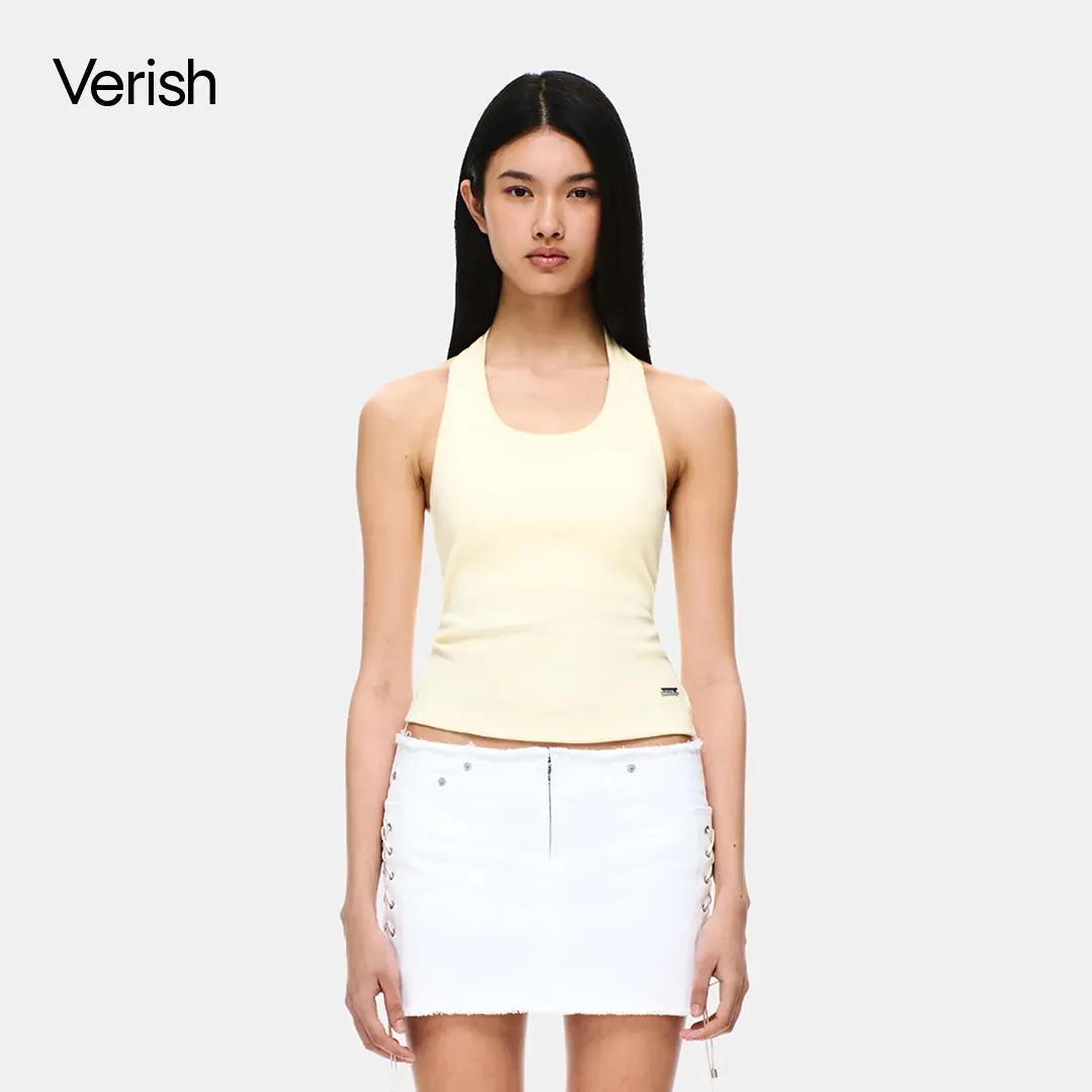 [VERISH] Cotton Rib Halter Neck Bra Top - SIZE UP RECOMMENDED - Wireless Halter Bra Top for Women - 0.8cm Removable Pad Ribbed Cotton Breathable Daily Wear