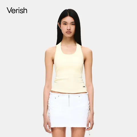 [VERISH] Cotton Rib Halter Neck Bra Top - SIZE UP RECOMMENDED - Wireless Halter Bra Top for Women - 0.8cm Removable Pad Ribbed Cotton Breathable Daily Wear