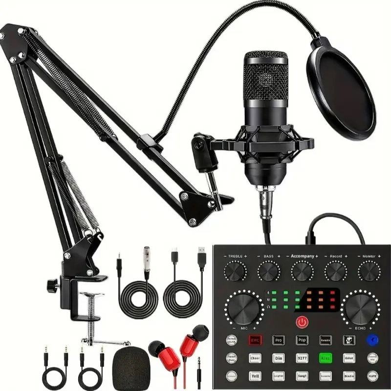 Podcast Equipment Bundle V8 Live Sound Card with Microphone Boom Arm and Accessories for Podcasting and Streaming